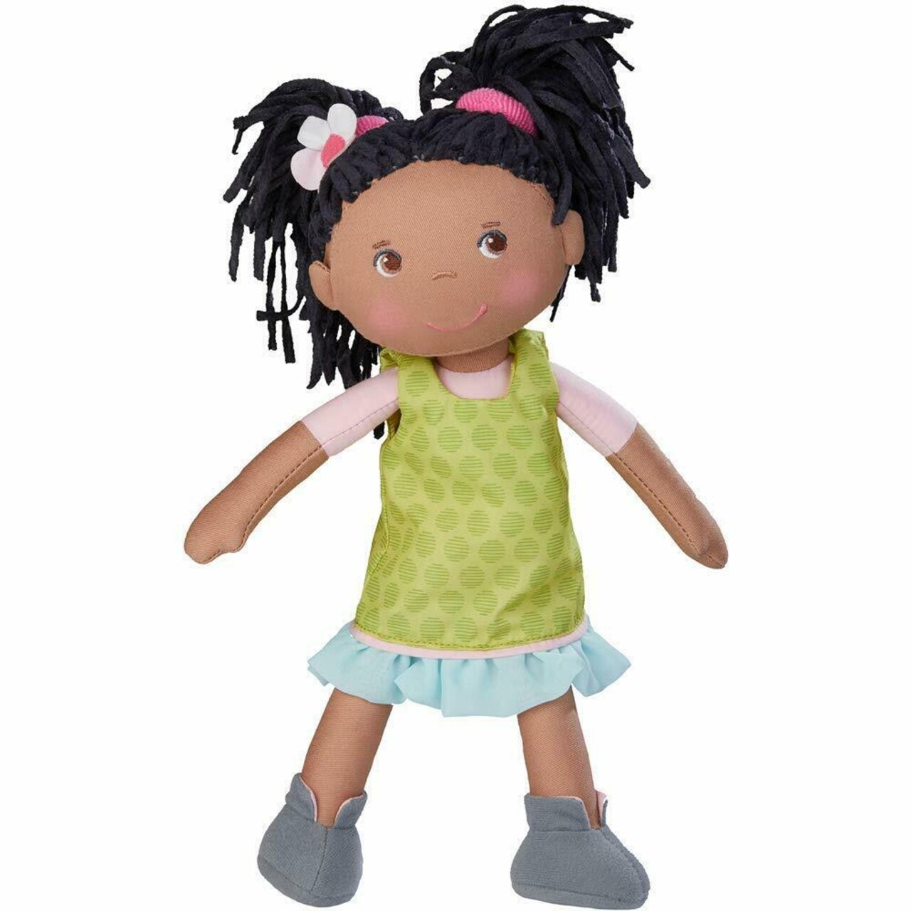 HABA Cari 12" Black Baby Doll with Black Pigtails, Embroidered Face, Removable Green Dress, Machine Washable Soft Baby Doll - 18 Months+